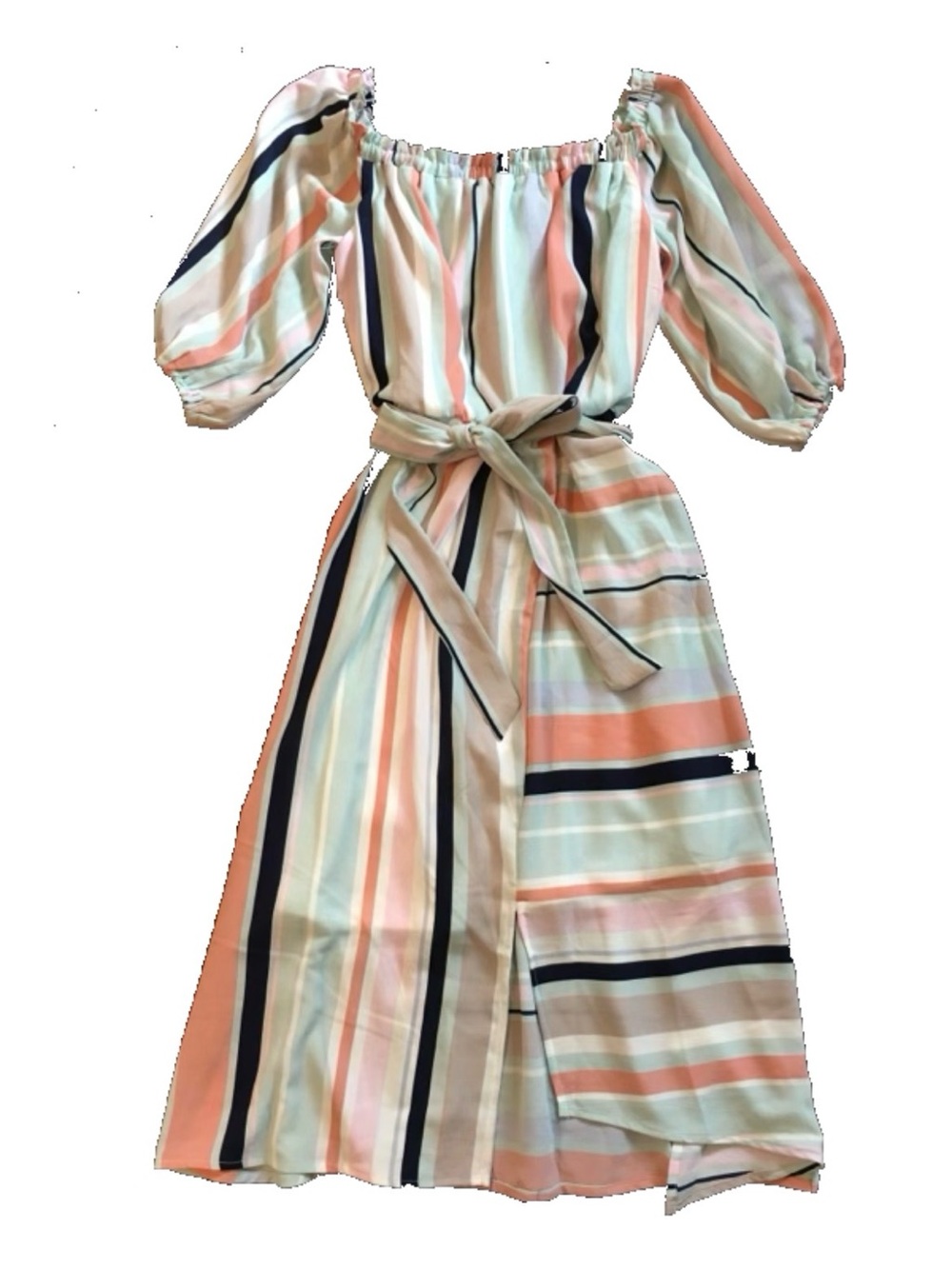 Luxology Striped Off-Shoulder Midi Dress in Peach, Cream & Navy